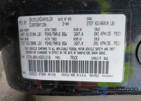 2004 Dodge Dakota Slt from USA, damaged, VIN 1D7HL48N14S651218